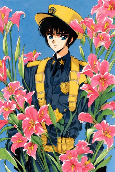 31038-1548189756-Subaru Sumeragi, flower, solo, blue eyes, hat, lily (flower), male focus, uniform, black hair, 1boy, gloves, retro artstyle, 199.png